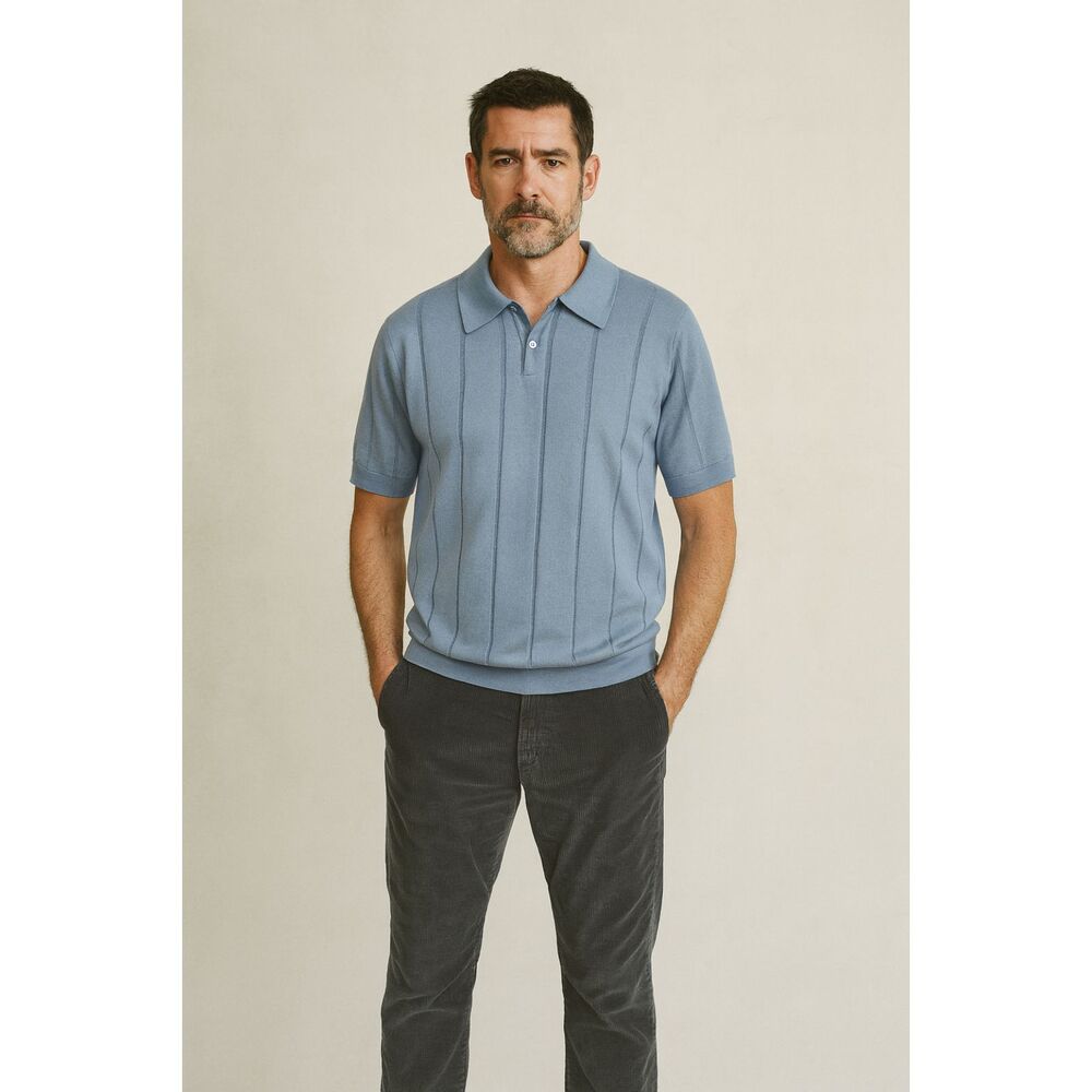 FAR AFIELD Blue Organic Knit Polo Shirt Top   Mens Size Medium